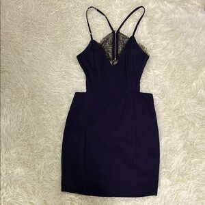 Elegant Navy blue dress with back black Lace-Trimmed Dress